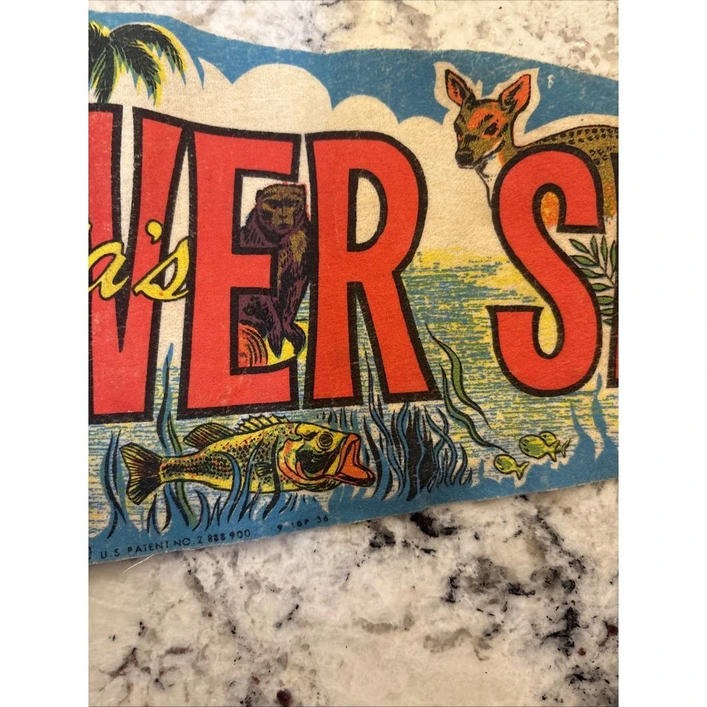 Vintage Green Felt Silver Springs Florida Neon Boat Ride Ocala Pennant Flag